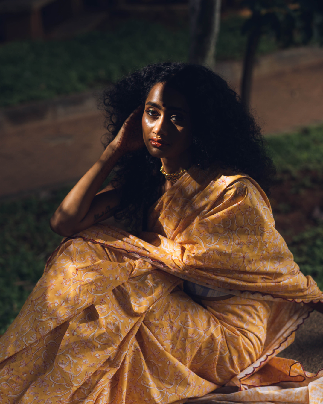 Yellow hand-block printed cotton sari