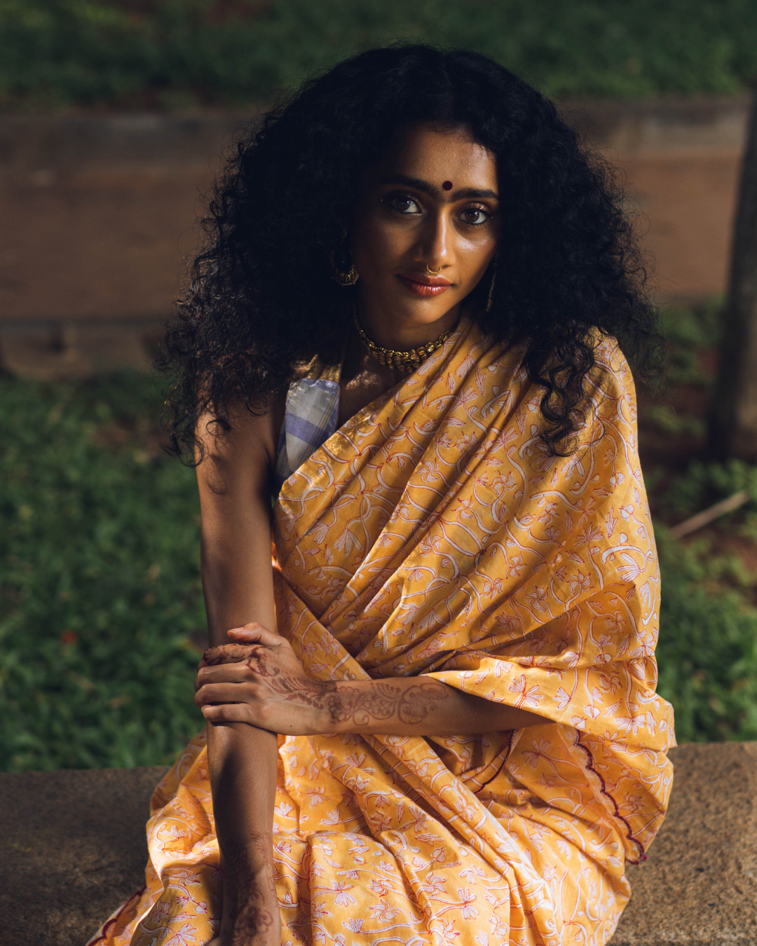 Yellow hand-block printed cotton sari