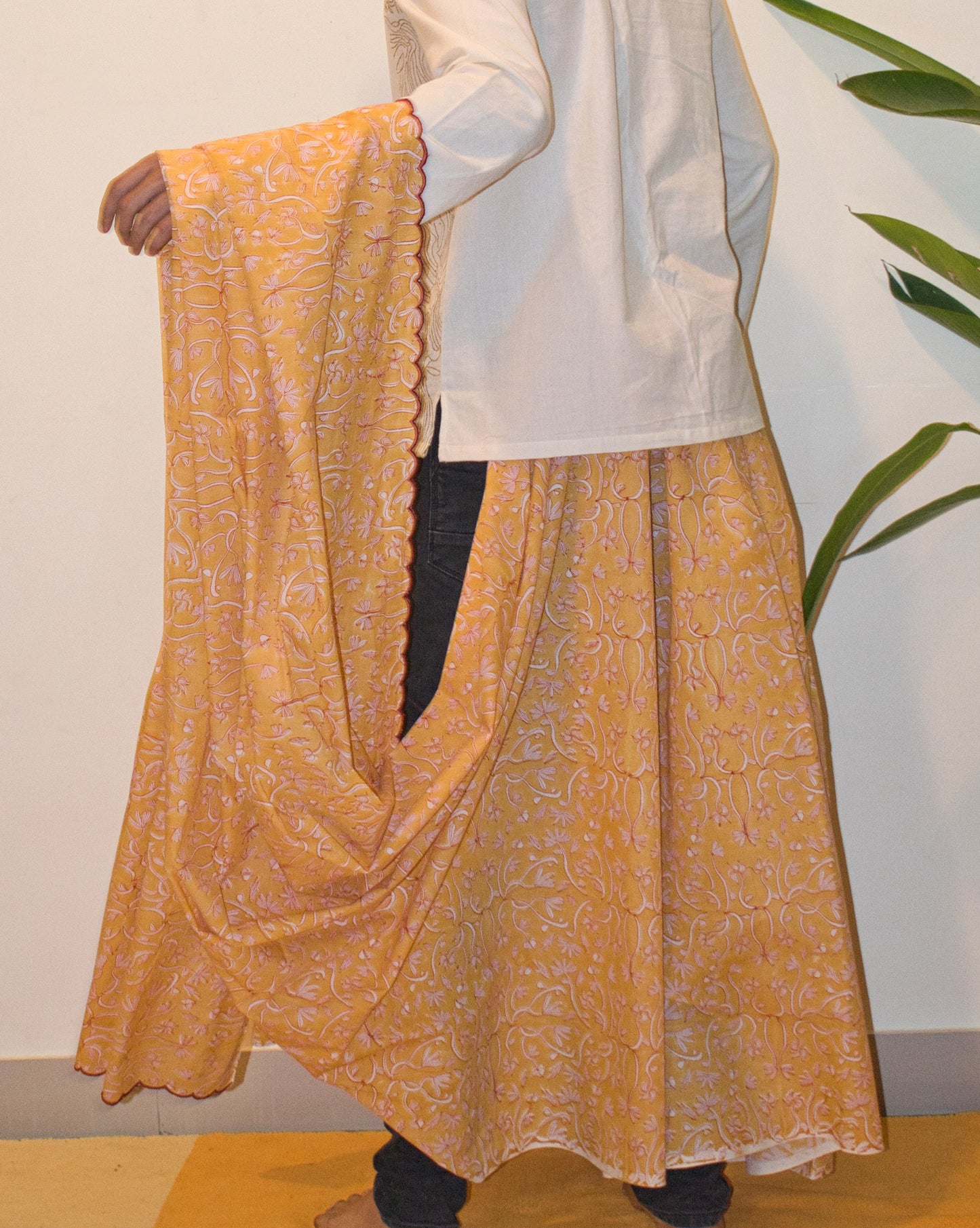 Yellow hand-block printed cotton sari